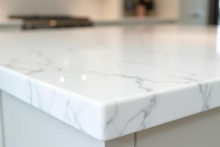 Elegant kitchen island countertop made from polished quartz, showcasing its pristine surface and subtle veining.
